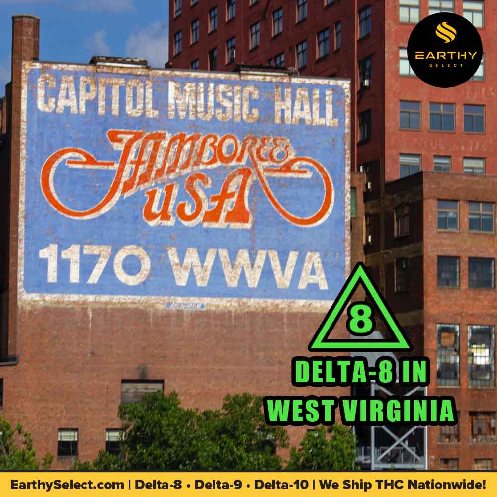 Delta 8 in West Virginia, WWVA music hall mural with Jamboree USA, Earthy Select logo