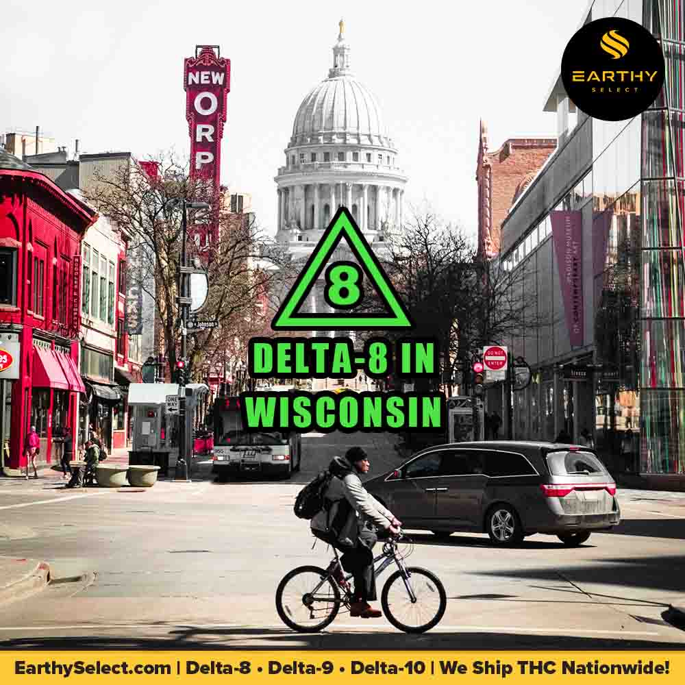 Downtown Madison, Wisconsin with Delta-8 in Wisconsin text, Earthy Select logo