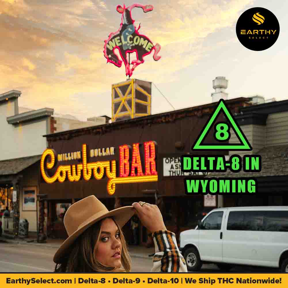 Cowgirl woman outside of Million Dollar Cowboy Bar, Jackson, Wyoming. Delta-8 legal in Wyoming. Earthy Select logo