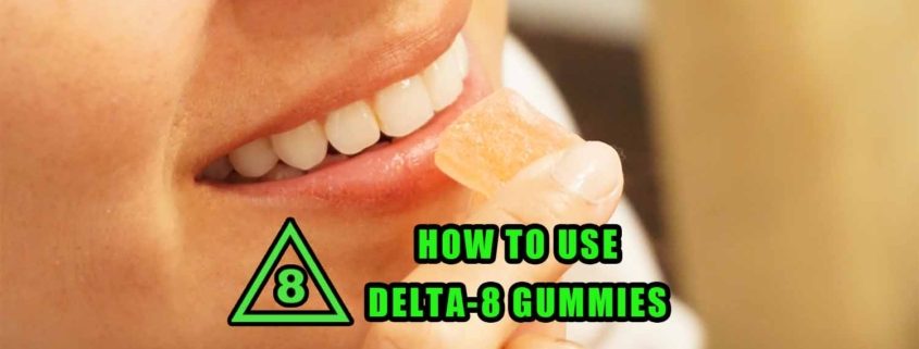 Woman holds a delta-8 gummy near her mouth and smiles. How to use delta 8 gummies. Earthy Select logo