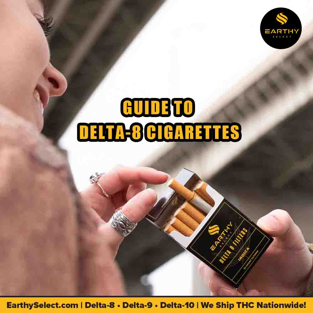 Guide to Delta-8 cigarettes. Woman takes an Earthy Select Delta-8 Indica Filter tobacco-free cigarette 