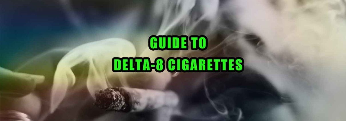 Guide to Delta-8 cigarettes. Woman holds lit and smoking Delta-8 HC cigarette. Earthy Select logo.