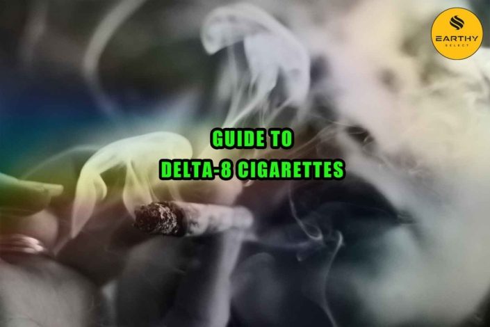 Guide to Delta-8 cigarettes. Woman holds lit and smoking Delta-8 HC cigarette. Earthy Select logo.