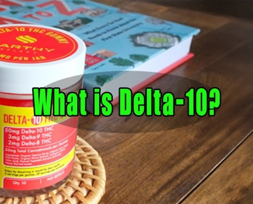 Container of Earthy’s Select Delta-10 THC Gummies on a rattan coaster