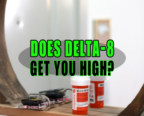 Bottle of Delta-8 Gummies on wooden ledge