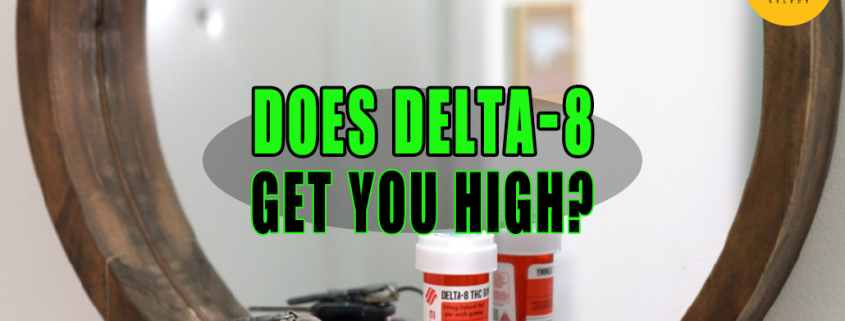 Bottle of Delta-8 Gummies on wooden ledge