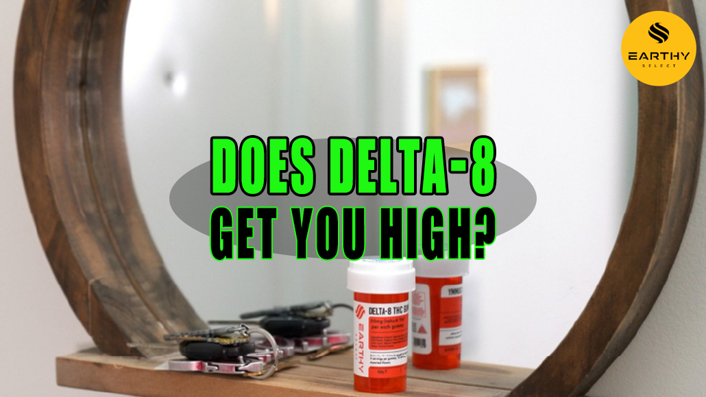 Bottle of Delta-8 Gummies on wooden ledge